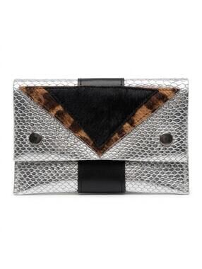 Exotic Tricolor Leather Envelope Clutch Wallet Silver Snake Pony Hair Cheetah